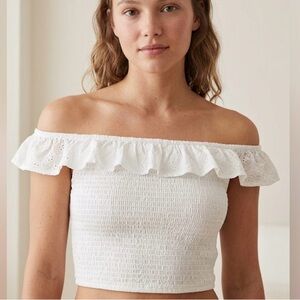 wild fable White Smocked Off-Shoulder Crop Top with Ruffle Trim